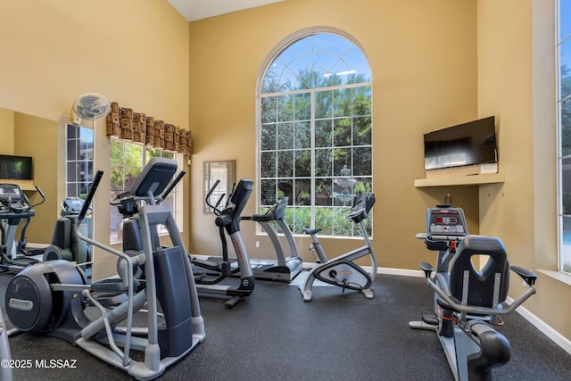 workout area with plenty of natural light, a towering ceiling, and baseboards