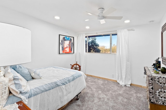 bedroom featuring carpet floors, ceiling fan, baseboards, and recessed lighting