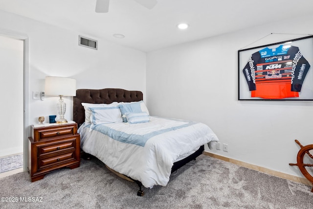 carpeted bedroom featuring baseboards, a ceiling fan, visible vents, and recessed lighting