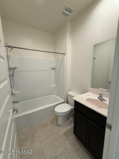 full bathroom featuring visible vents, shower / tub combination, vanity, and toilet