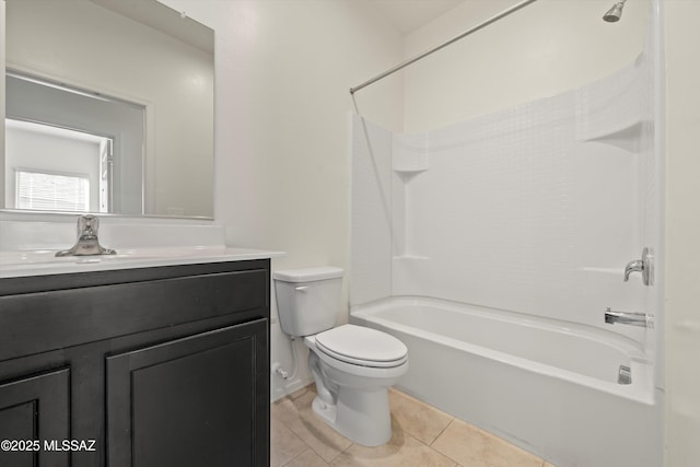 full bathroom featuring shower / tub combination, vanity, toilet, and tile patterned floors