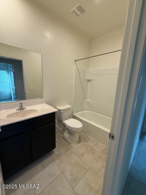 full bath featuring toilet, shower / bath combination, vanity, and visible vents