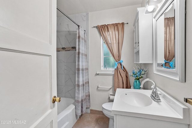 full bathroom with toilet, shower / bath combo with shower curtain, and vanity