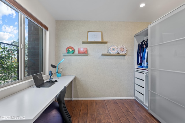 office space with recessed lighting, dark wood finished floors, and baseboards