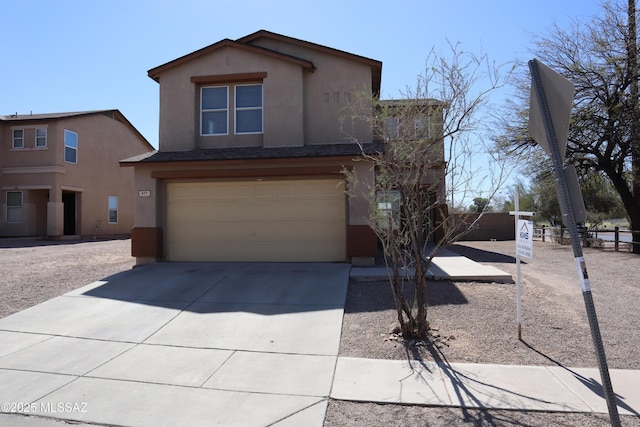 traditional-style home with stucco siding, a shingled roof, an attached garage, fence, and driveway