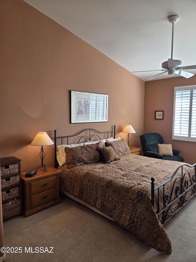 bedroom with vaulted ceiling and carpet floors