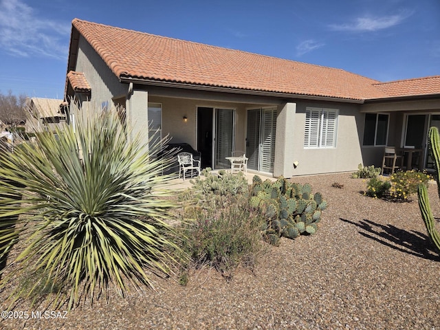 back of property with a tile roof and stucco siding