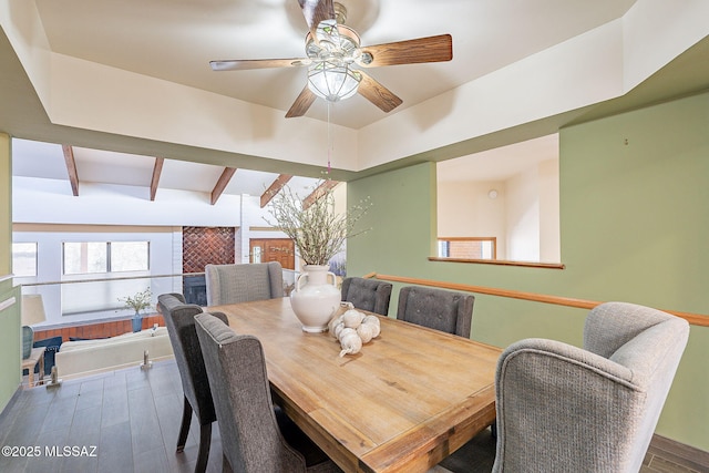 dining area featuring a ceiling fan, beamed ceiling, and wood finished floors