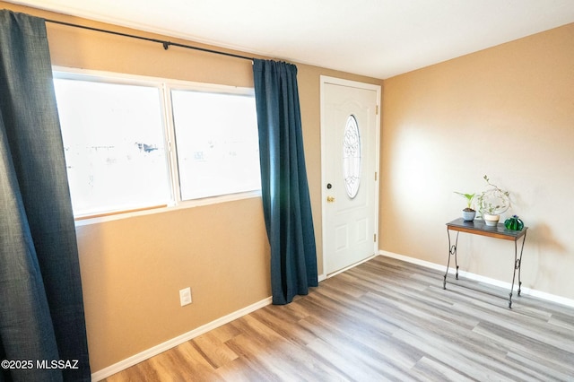 foyer entrance with baseboards and wood finished floors