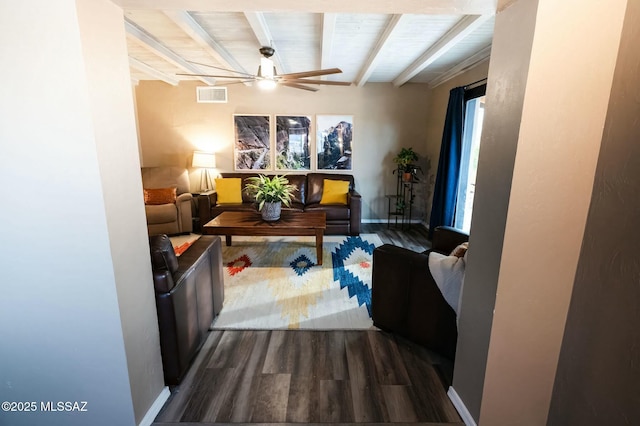 living area with ceiling fan, beam ceiling, wood finished floors, and visible vents