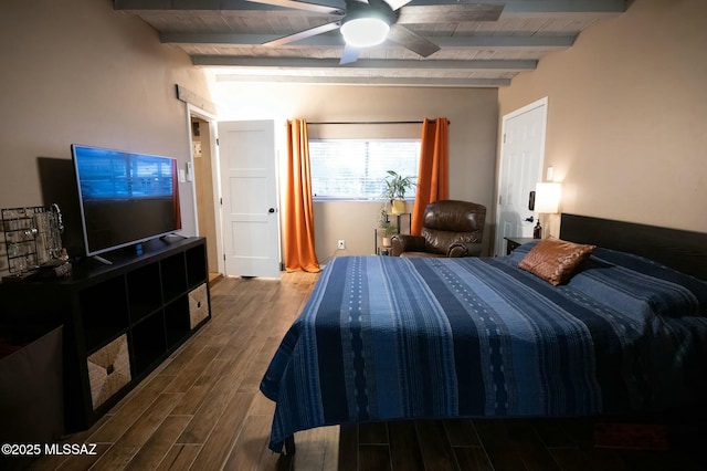 bedroom featuring wooden ceiling, beamed ceiling, and wood finished floors