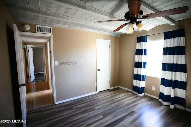 spare room with wood ceiling, visible vents, beamed ceiling, and wood finished floors