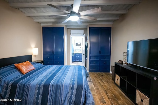 bedroom featuring wooden ceiling, a wall unit AC, a ceiling fan, beam ceiling, and wood tiled floor