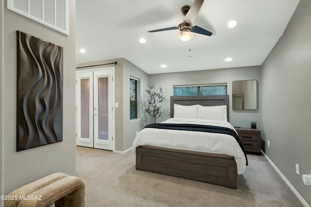 carpeted bedroom featuring recessed lighting, access to outside, visible vents, and baseboards