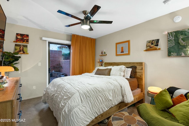 bedroom with ceiling fan, access to outside, carpet, and baseboards