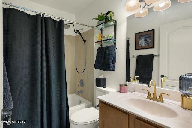 full bathroom with toilet, shower / bath combo with shower curtain, and vanity