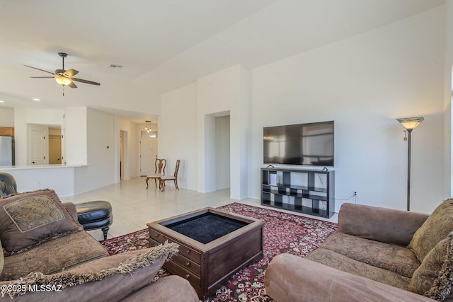 4751 S Longmore Dr, Green Valley, AZ 85622 - living room with a high ceiling, ceiling fan, and visible vents