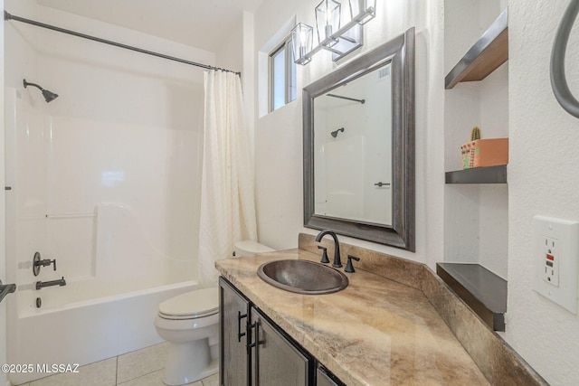 bathroom with toilet, tile patterned flooring, shower / bath combo, and vanity