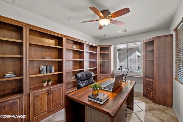 office area with a ceiling fan and visible vents