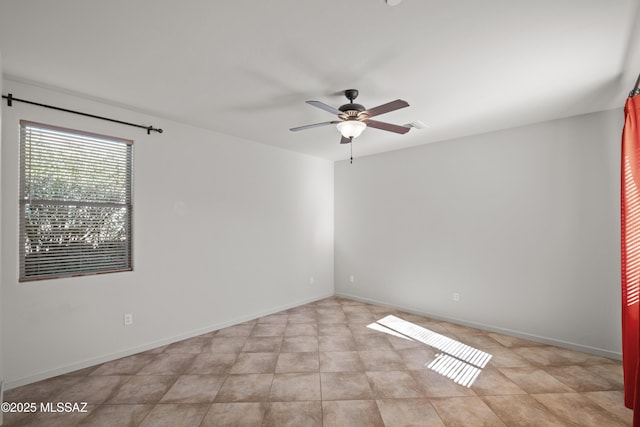 unfurnished room featuring ceiling fan, visible vents, and baseboards