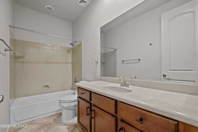 full bathroom with visible vents, toilet, tile patterned floors,  shower combination, and vanity