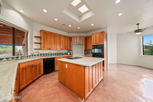 kitchen with recessed lighting, open shelves, a kitchen island, finished concrete flooring, and black appliances