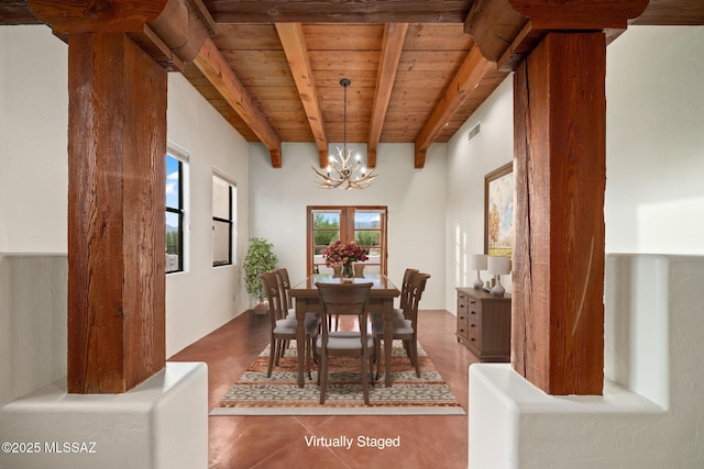 dining area with a chandelier, wooden ceiling, visible vents, beam ceiling, and tile patterned floors