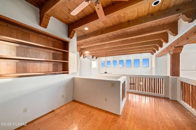 interior space featuring a ceiling fan, wooden ceiling, beamed ceiling, and light wood finished floors