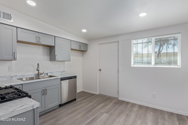 kitchen with visible vents, dishwasher, gray cabinets, light countertops, and a sink