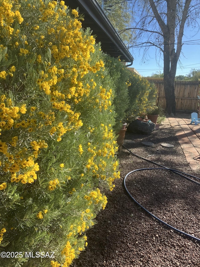 view of yard featuring fence and a patio