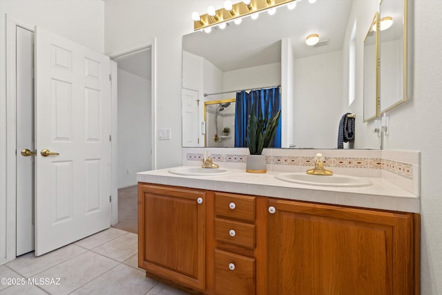 full bathroom with double vanity, a sink, tile patterned floors, and a shower with shower curtain