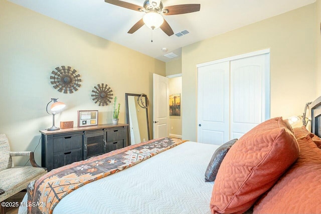 bedroom with a closet, visible vents, and ceiling fan