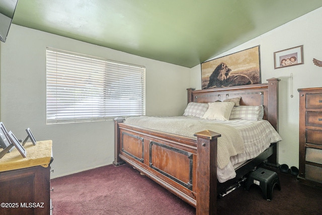 bedroom featuring vaulted ceiling and dark carpet