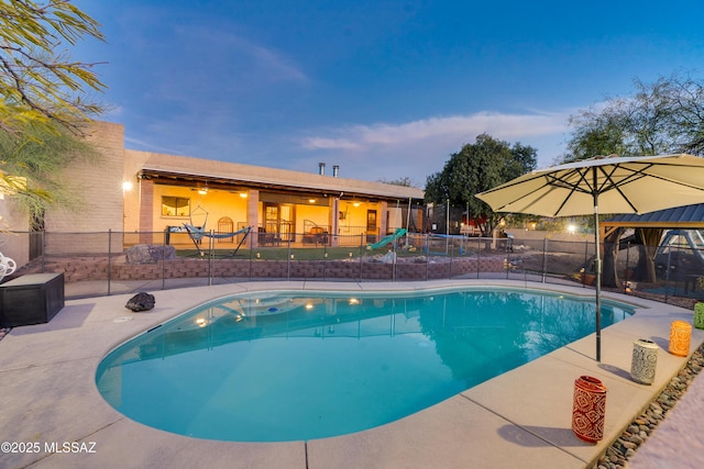 view of pool with a fenced in pool, a playground, a patio, a gazebo, and fence