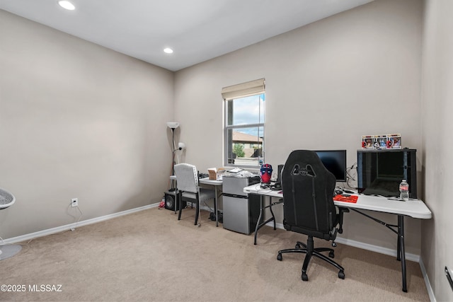 carpeted home office with recessed lighting and baseboards