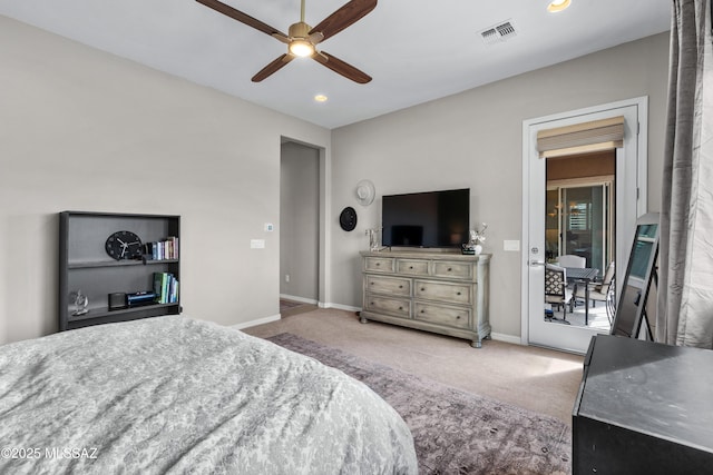 carpeted bedroom with recessed lighting, a ceiling fan, visible vents, baseboards, and access to outside