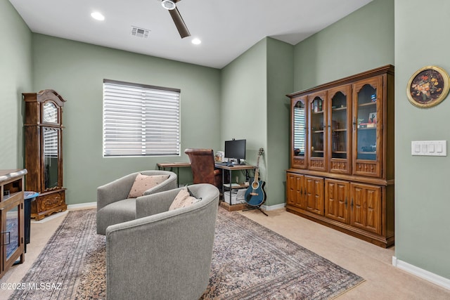 office featuring light carpet, recessed lighting, visible vents, and baseboards