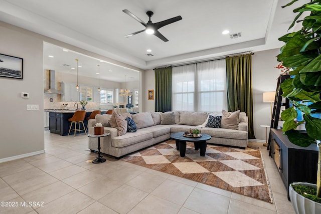 living room with recessed lighting, ceiling fan, visible vents, and light tile patterned flooring