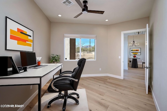 office with recessed lighting, visible vents, light wood-style flooring, a ceiling fan, and baseboards