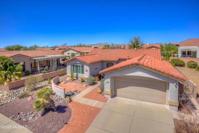 13755 N Buster Spring Way, Oro Valley, AZ 85755 - mediterranean / spanish-style home featuring driveway, a tile roof, an attached garage, and stucco siding