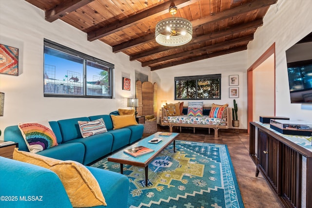 living room with lofted ceiling with beams and wood ceiling