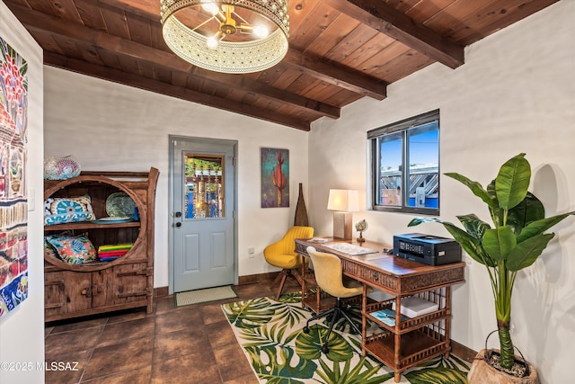 office space featuring wooden ceiling, vaulted ceiling with beams, and baseboards