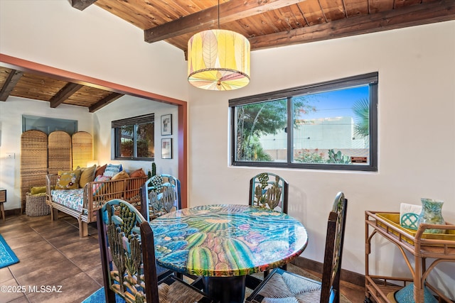 dining space featuring baseboards, beam ceiling, and wooden ceiling