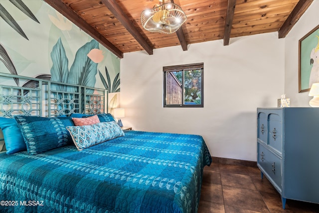 bedroom with a notable chandelier, wooden ceiling, and lofted ceiling with beams