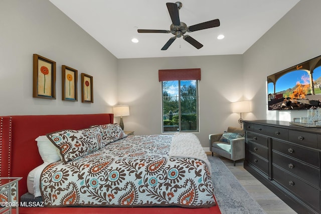 bedroom with a ceiling fan, recessed lighting, and wood finished floors