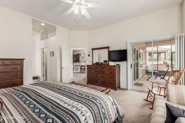 bedroom featuring light carpet, a ceiling fan, and access to exterior