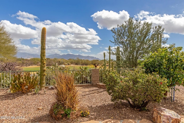 view of yard with a mountain view and fence