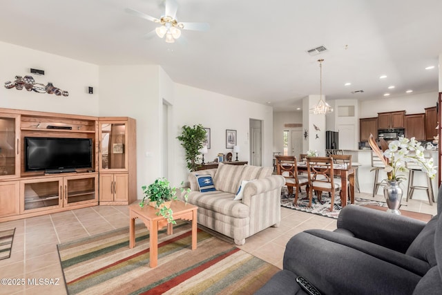 living room with recessed lighting, visible vents, ceiling fan, and light tile patterned floors