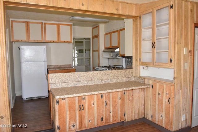 kitchen with a peninsula, under cabinet range hood, light countertops, and freestanding refrigerator