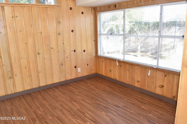 empty room with wooden walls, baseboards, and wood finished floors